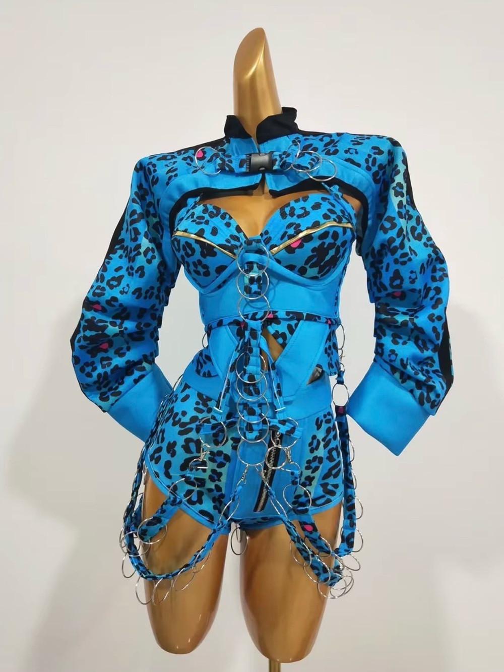 NWOT Handmade Rave Outfit Blue Leopard-Print Strappy Set with Ring Details